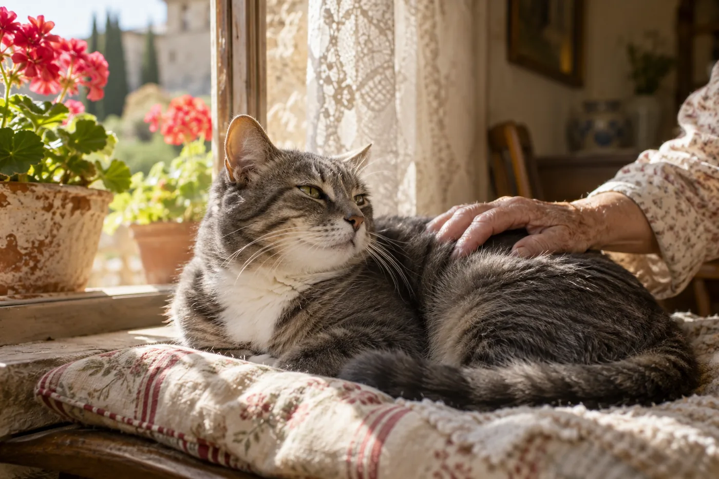 un vieux chat européen tigré gris au poitrail blanc couché sur un coussin au rebord d’une fenêtre, caressé par la main d’une femme âgée, des géraniums rouges en pot dans la lumière du matin