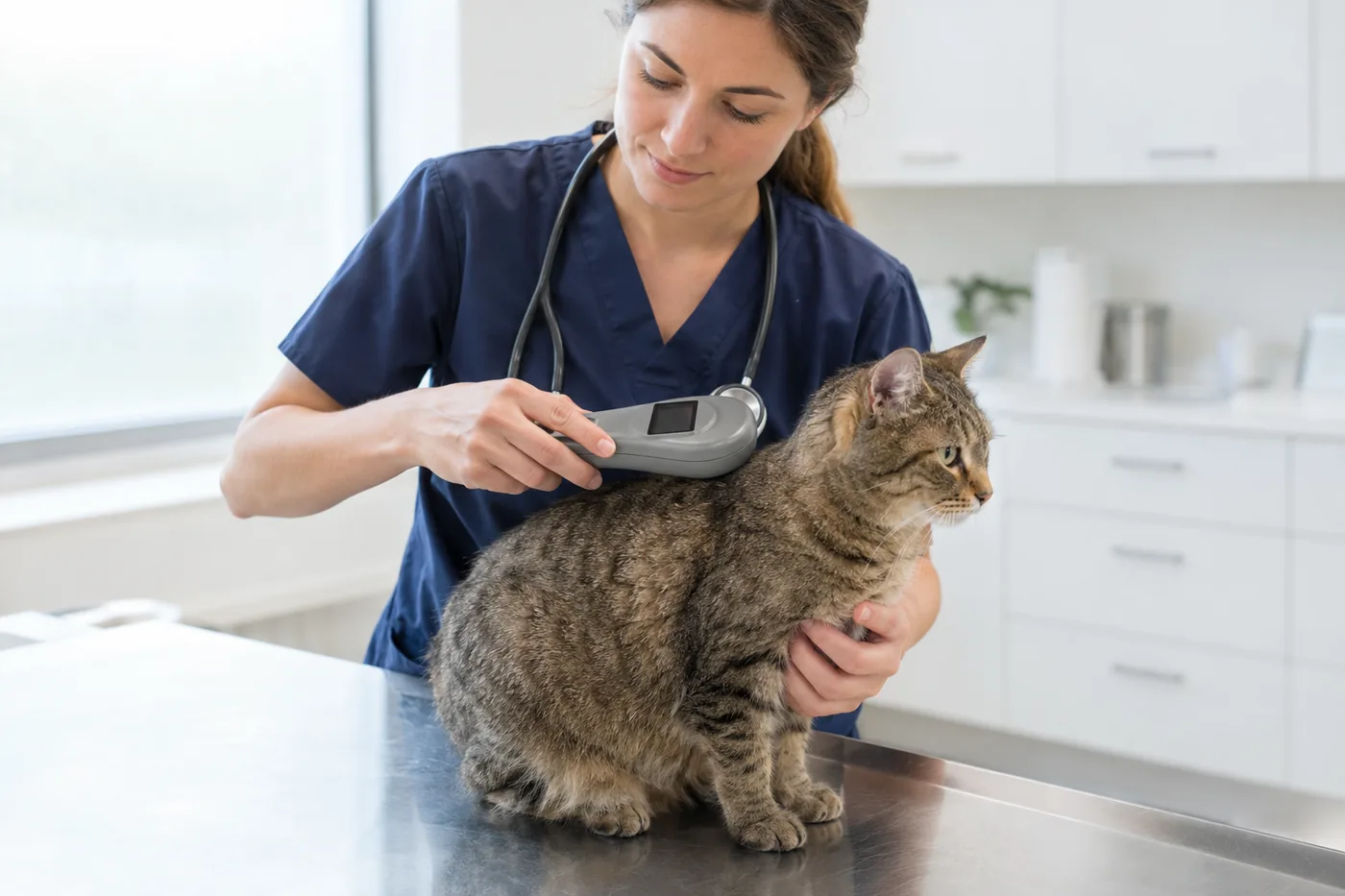vétérinaire en blouse bleu marine passant un lecteur de puce gris sur les épaules d’un chat tigré brun assis sur une table d’examen en inox
