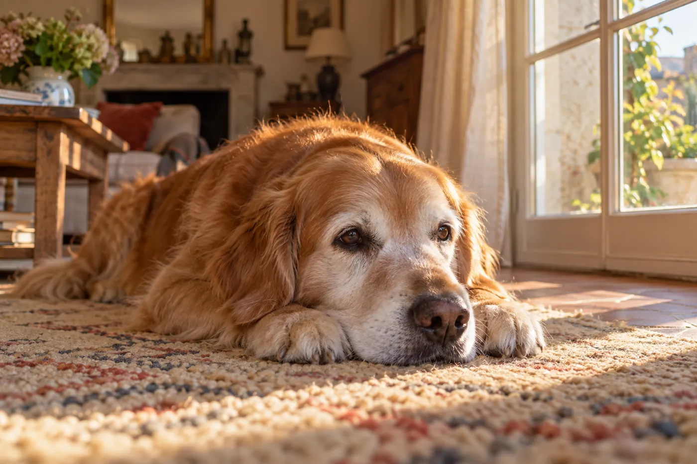 un vieux golden retriever au museau blanchi couché sur un tapis près d’une porte-fenêtre, la tête posée sur ses pattes, dans la lumière de fin d’après-midi