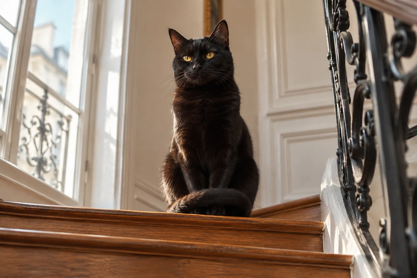 une chatte noire au poil luisant et aux yeux ambrés assise en haut d’un escalier en chêne ciré, la queue enroulée autour des pattes, à côté d’une rampe en fer forgé et d’une haute fenêtre lumineuse