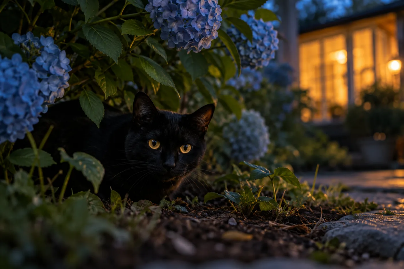 un chat noir aux yeux ambrés tapi dans l’ombre sous un massif d’hortensias bleus au crépuscule, les fenêtres éclairées de la maison au fond du jardin