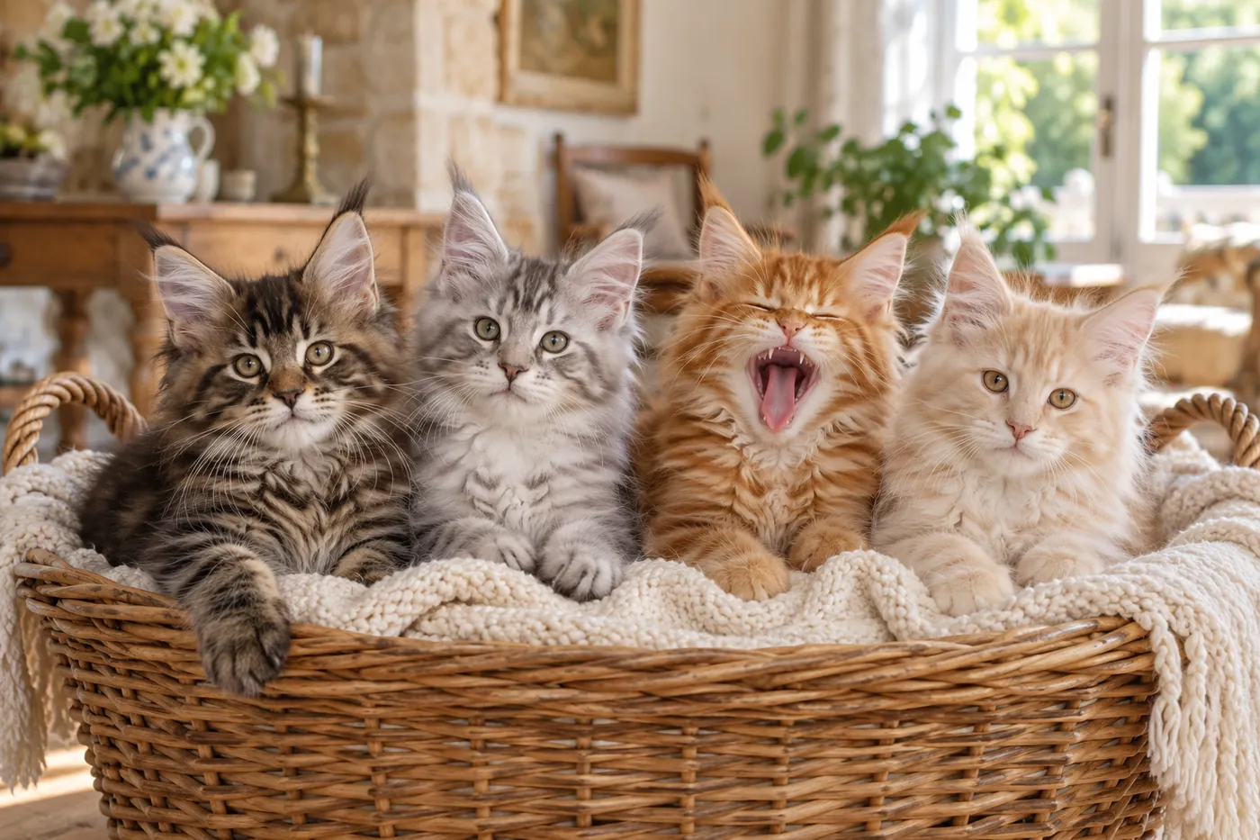 quatre chatons maine coon de dix semaines, tigré brun, argenté, roux et crème, assis côte à côte dans un grand panier en osier garni d’un plaid, l’un d’eux en train de bâiller