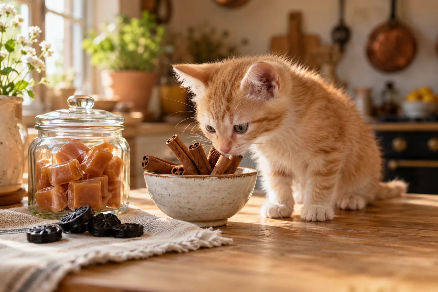 un chaton roux clair renifle un bol de bâtons de cannelle sur le plan de travail en bois d’une cuisine, à côté d’un bocal de caramels et de pastilles de réglisse