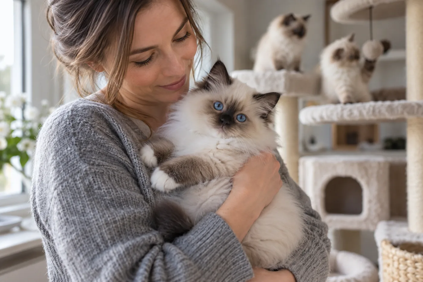 une éleveuse en pull gris serre contre elle un chaton ragdoll seal point aux yeux bleus, tandis que deux autres chatons ragdoll l’observent du haut d’un arbre à chat