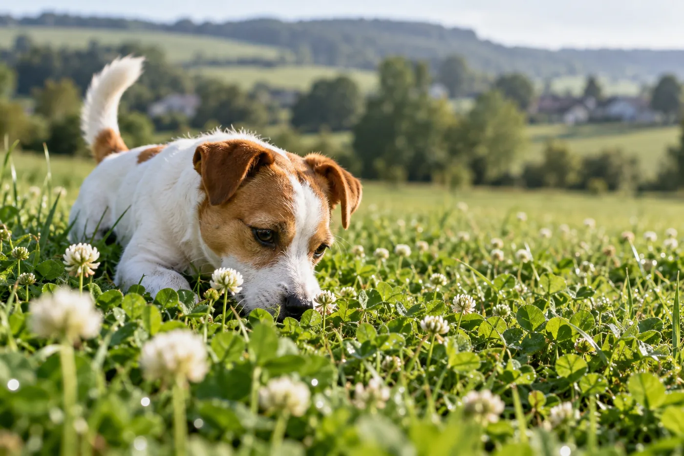 un jack russell blanc et feu couché dans une prairie de trèfle en fleurs, la truffe dans les feuilles, la campagne vallonnée au loin