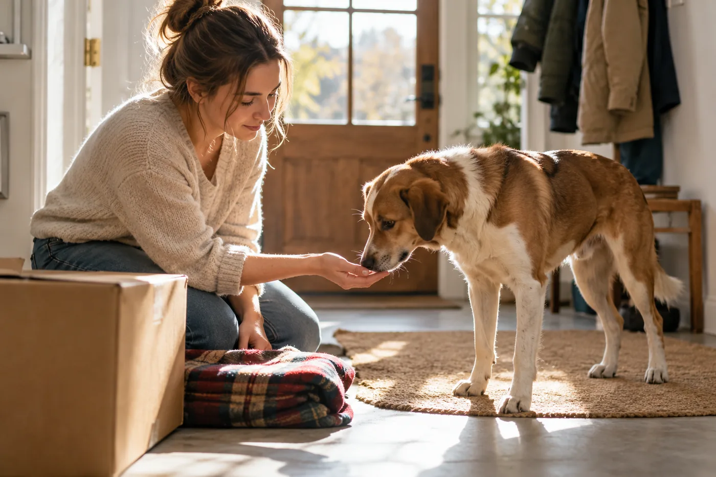 une jeune femme agenouillée dans l’entrée d’une maison tend la main à un chien adopté brun et blanc aux oreilles tombantes qui la renifle, un carton et un plaid écossais posés au sol