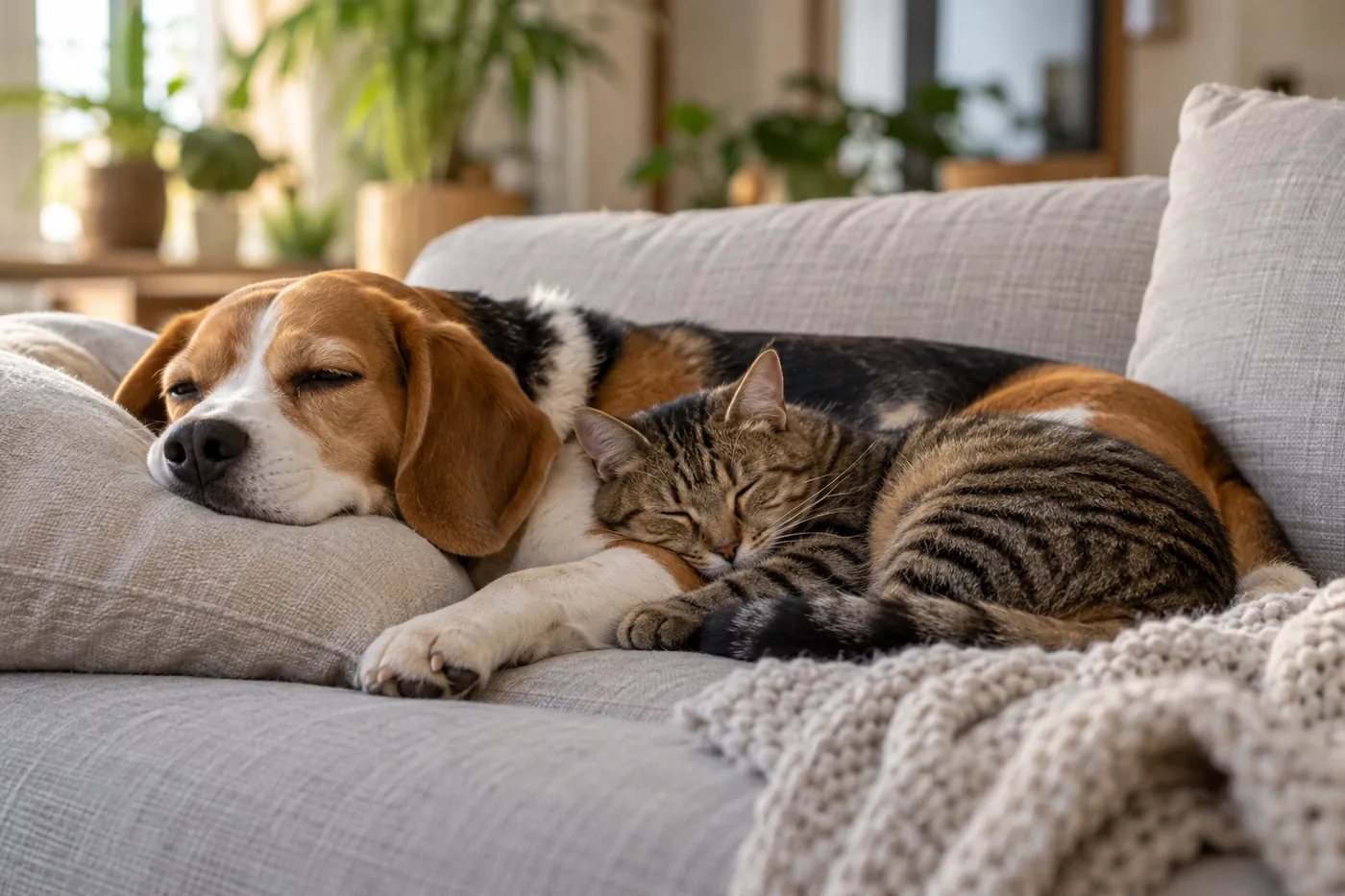 un beagle tricolore et un chat tigré brun endormis l’un contre l’autre sur un canapé en lin gris, un plaid en tricot sur l’accoudoir
