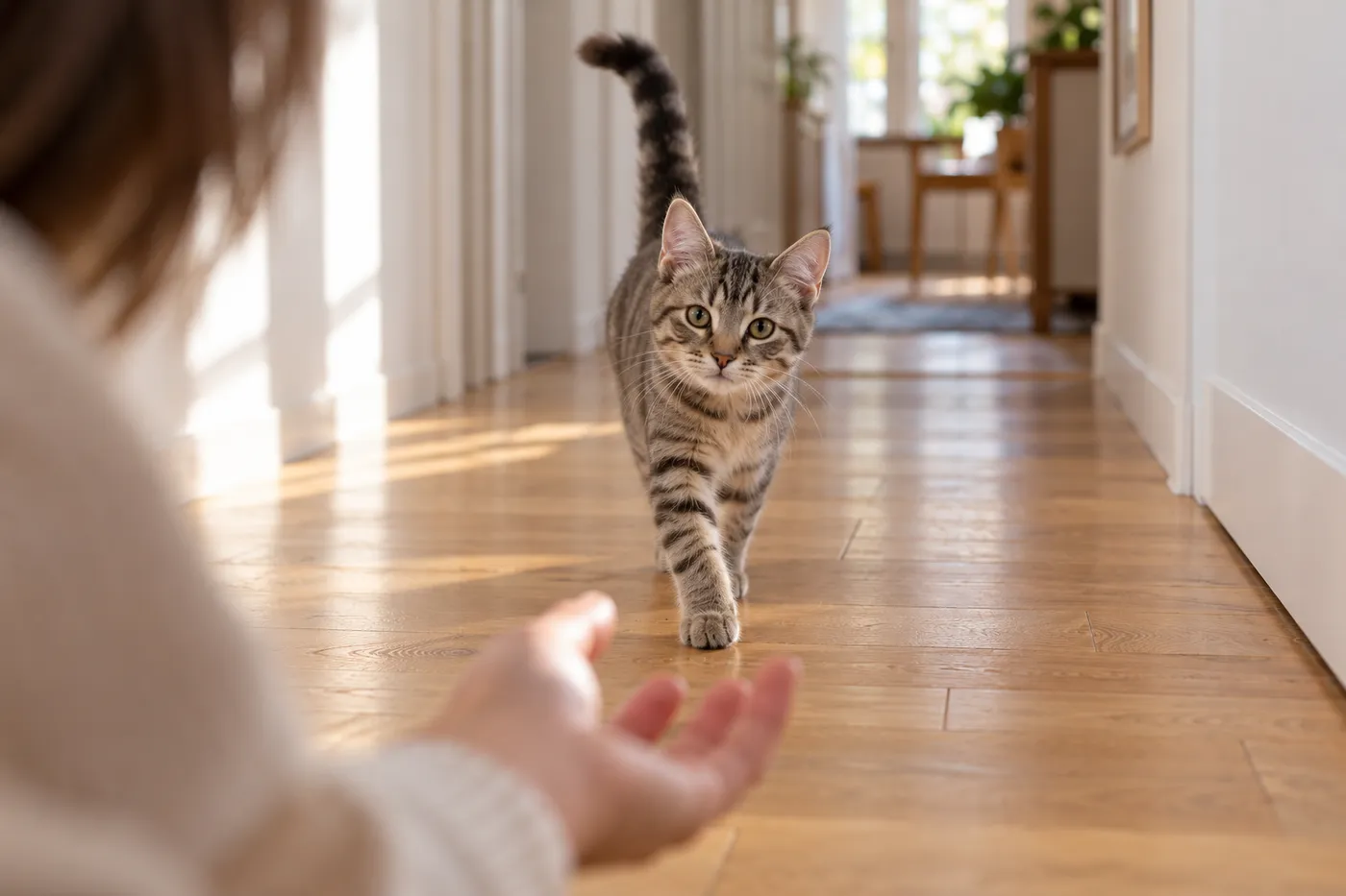 jeune chatte tigrée grise qui trotte vers une main tendue dans le couloir parqueté d’un appartement clair, oreilles dressées et queue levée, comme à l’appel de son prénom