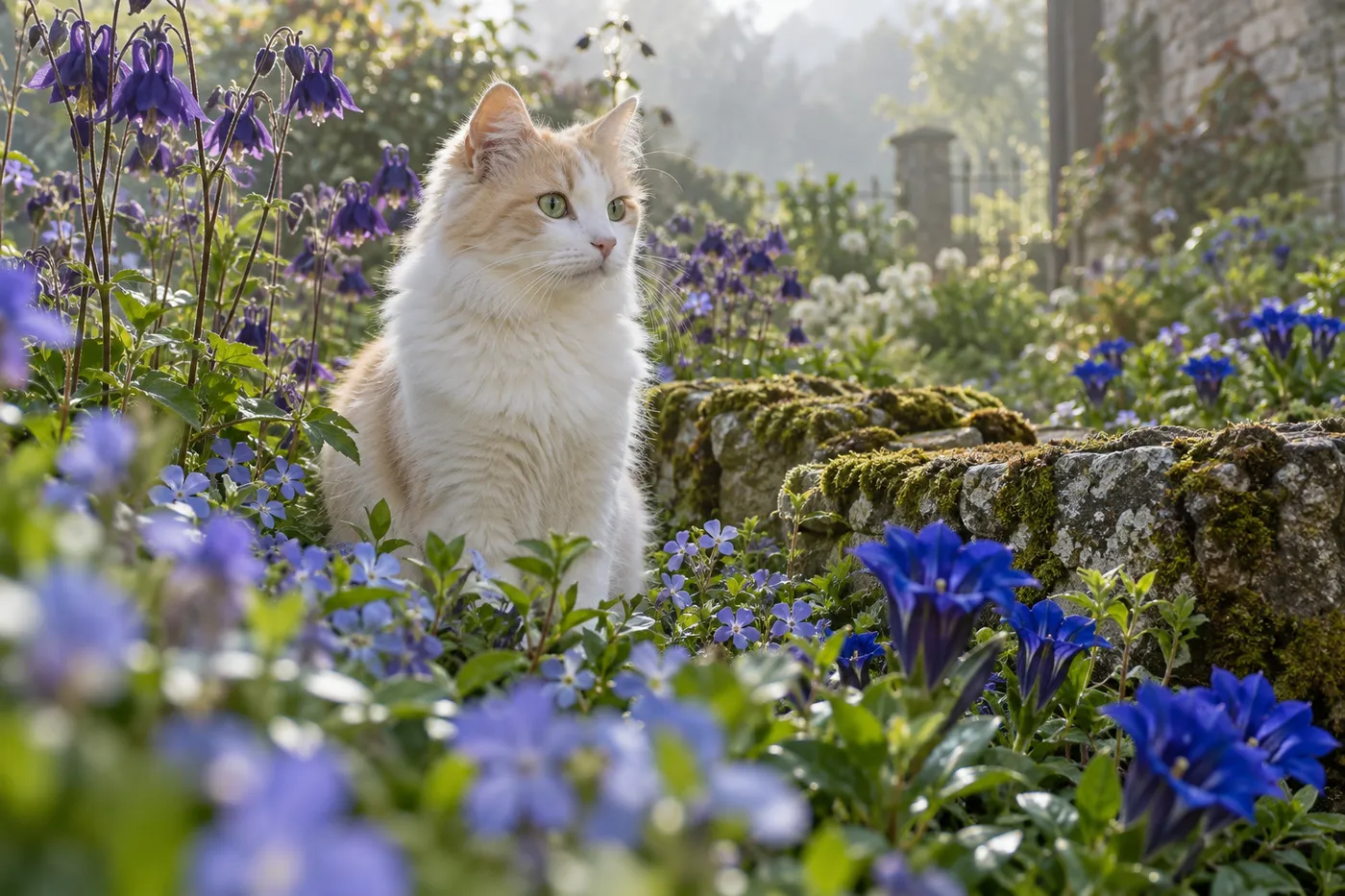 chatte blanche et crème aux yeux verts assise dans un jardin au matin, parmi les pervenches, les ancolies violettes et les gentianes bleues, près d’un muret de pierre moussu