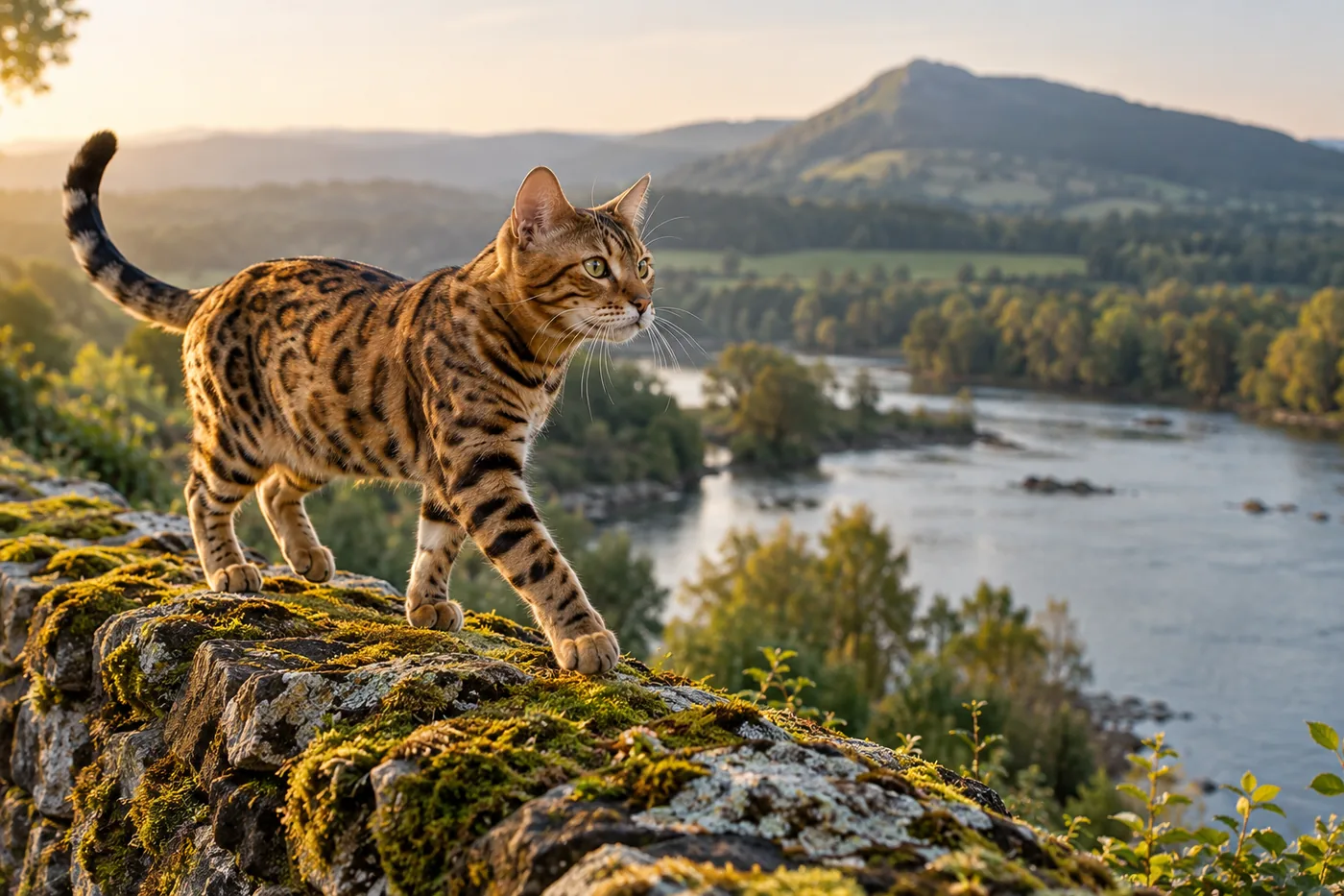 un chat bengal mâle à la robe dorée tachetée avance sur un rocher moussu au-dessus d’une large rivière, une montagne arrondie au loin dans la lumière du soir