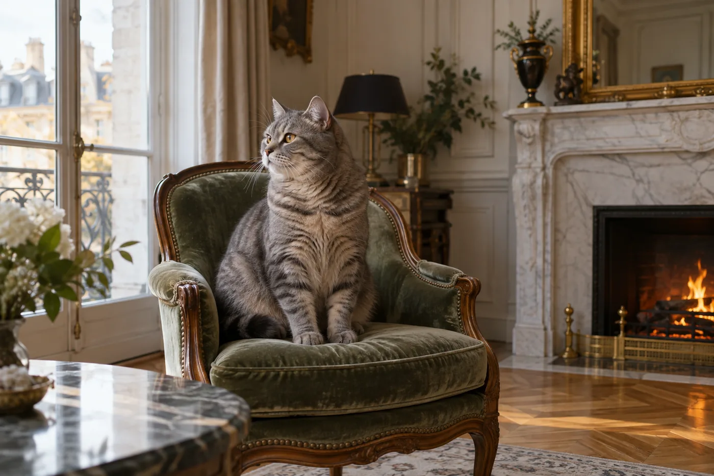 un gros matou européen tigré gris assis sur un fauteuil Louis-Philippe en velours vert, dans un salon haussmannien au parquet en point de Hongrie, près d’une cheminée de marbre où brûle un feu