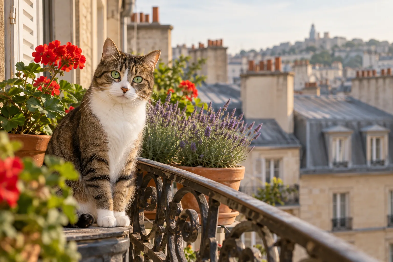 chat tigré et blanc assis sur un balcon fleuri de géraniums et de lavande, les toits de la ville en arrière-plan