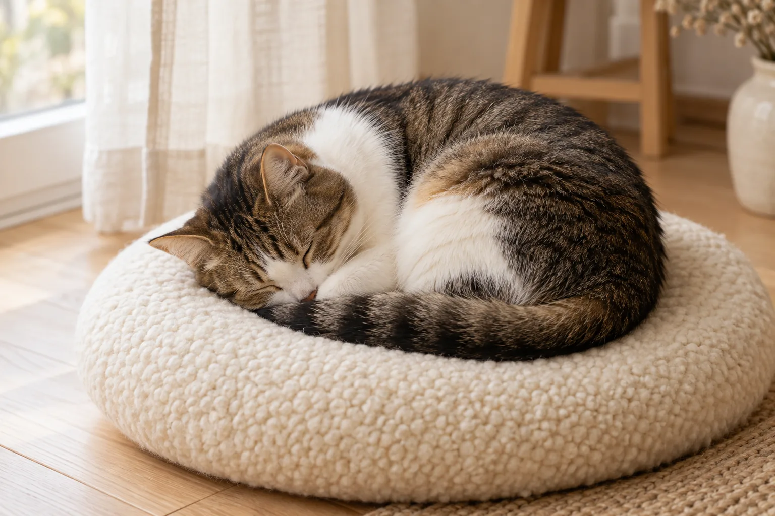 chat tigré et blanc endormi en boule sur un coussin rond en laine crème, la queue enroulée autour du corps