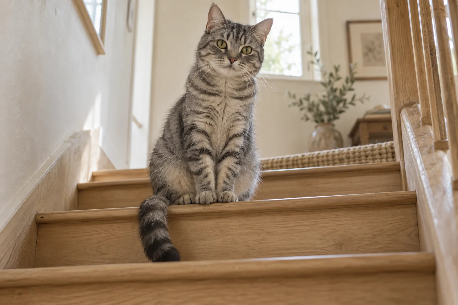 Chat tigré gris argenté aux yeux verts assis au bord d’une marche d’escalier en chêne clair, la queue pendante