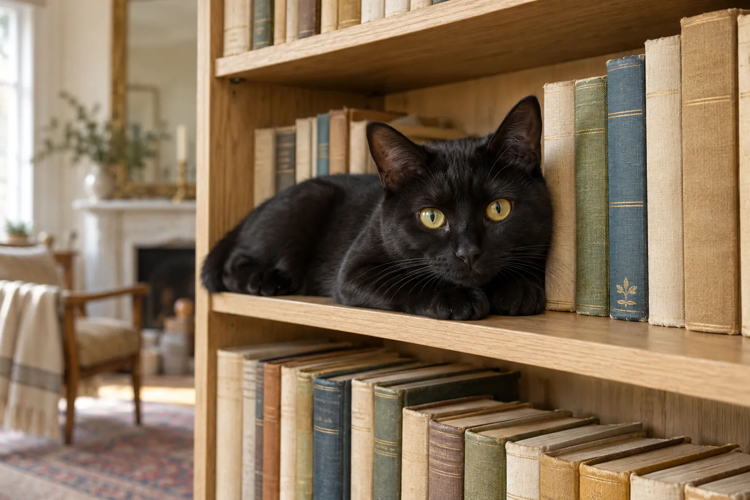chat noir aux yeux jaunes couché sur l’étagère d’une bibliothèque en bois clair, entre des livres anciens aux dos de toile