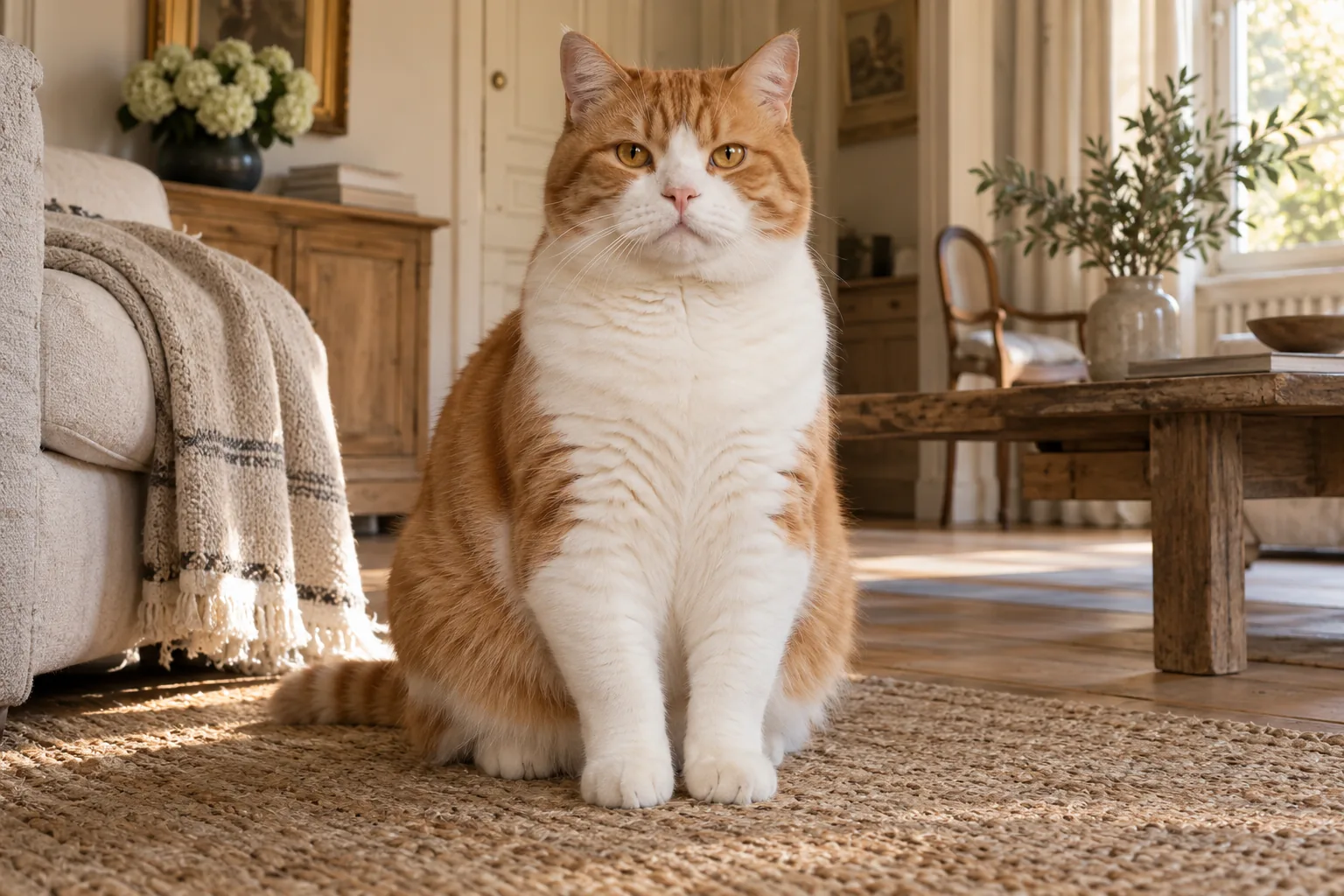 Grand chat mâle roux et blanc assis de face sur un tapis de jute, regard doré et calme, salon ancien flou à l’arrière-plan