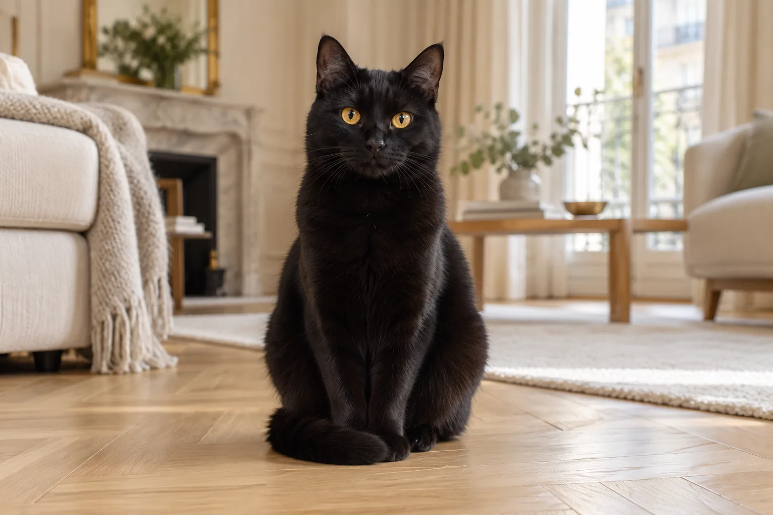 Chat noir adulte aux yeux ambrés assis bien droit sur un parquet en chevrons clair, regard tourné vers l’objectif, salon lumineux flou derrière lui