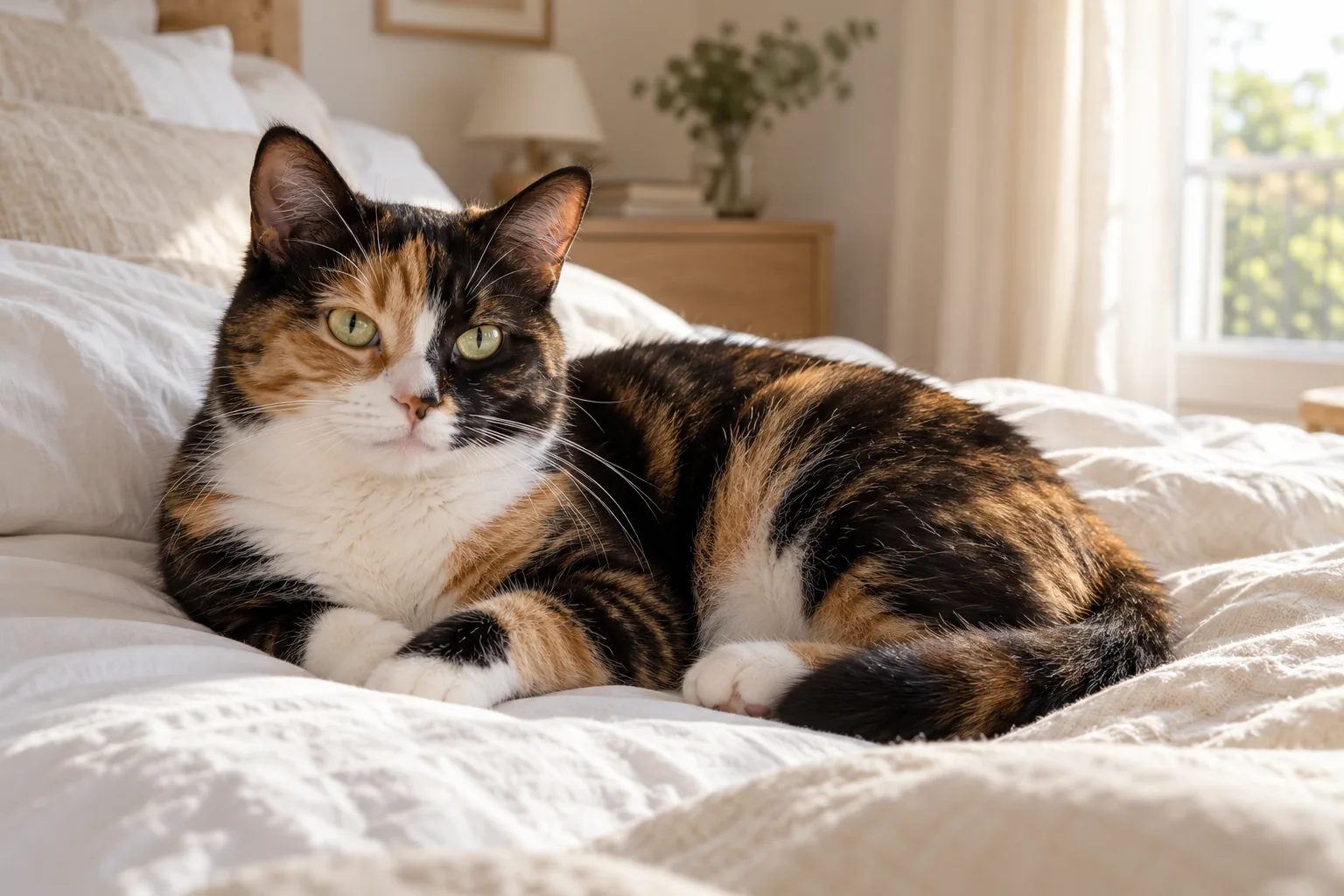 Chatte tricolore écaille de tortue et blanc aux yeux verts, couchée sur un lit aux draps blancs dans une chambre baignée de lumière matinale