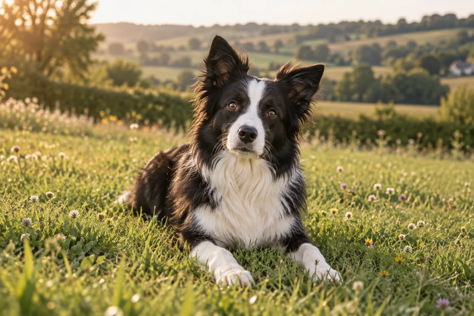 un border collie noir et blanc couché dans une prairie fleurie, la tête levée, des collines boisées au loin dans la lumière du soir