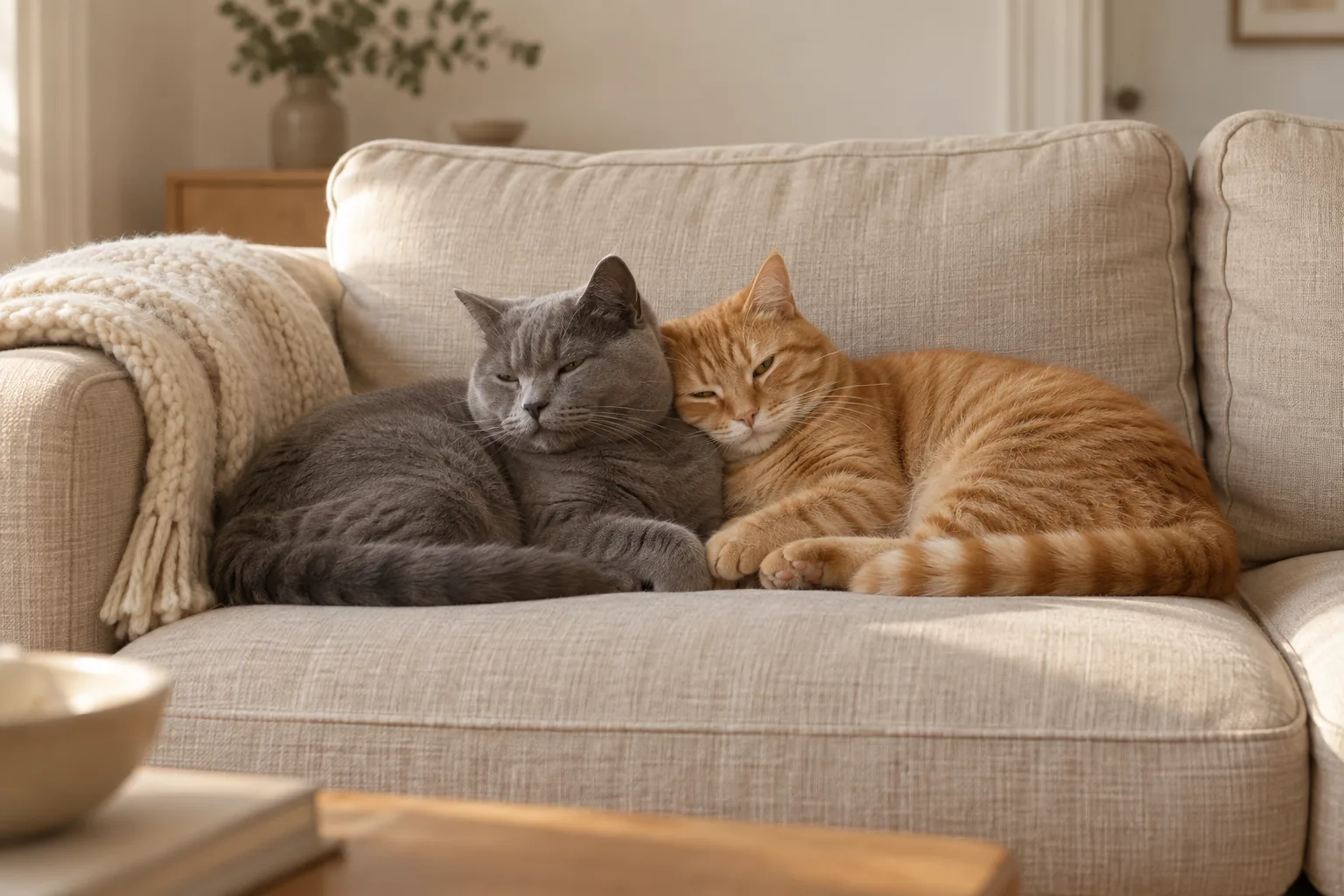 un chat gris et un chat roux tigré endormis l’un contre l’autre sur un canapé en lin clair, un plaid tricoté sur l’accoudoir