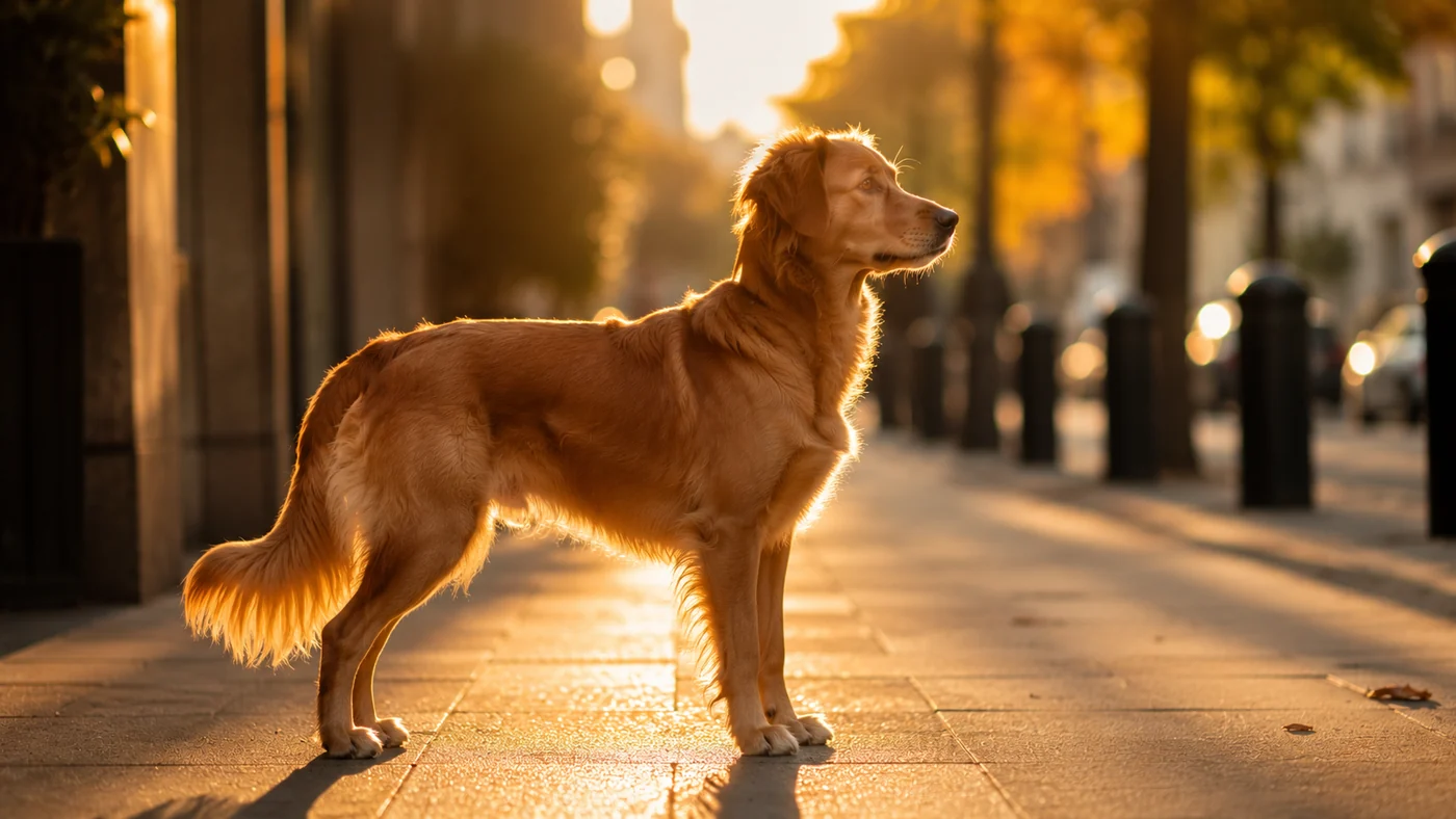 un chien de taille moyenne de profil sur un trottoir, à contre-jour doré de fin de journée