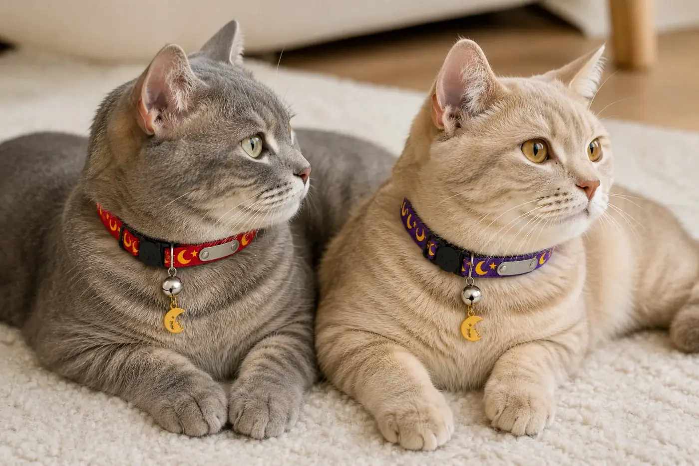 un chat gris et un chat crème couchés côte à côte sur un tapis, l’un portant le collier rouge et l’autre le collier violet