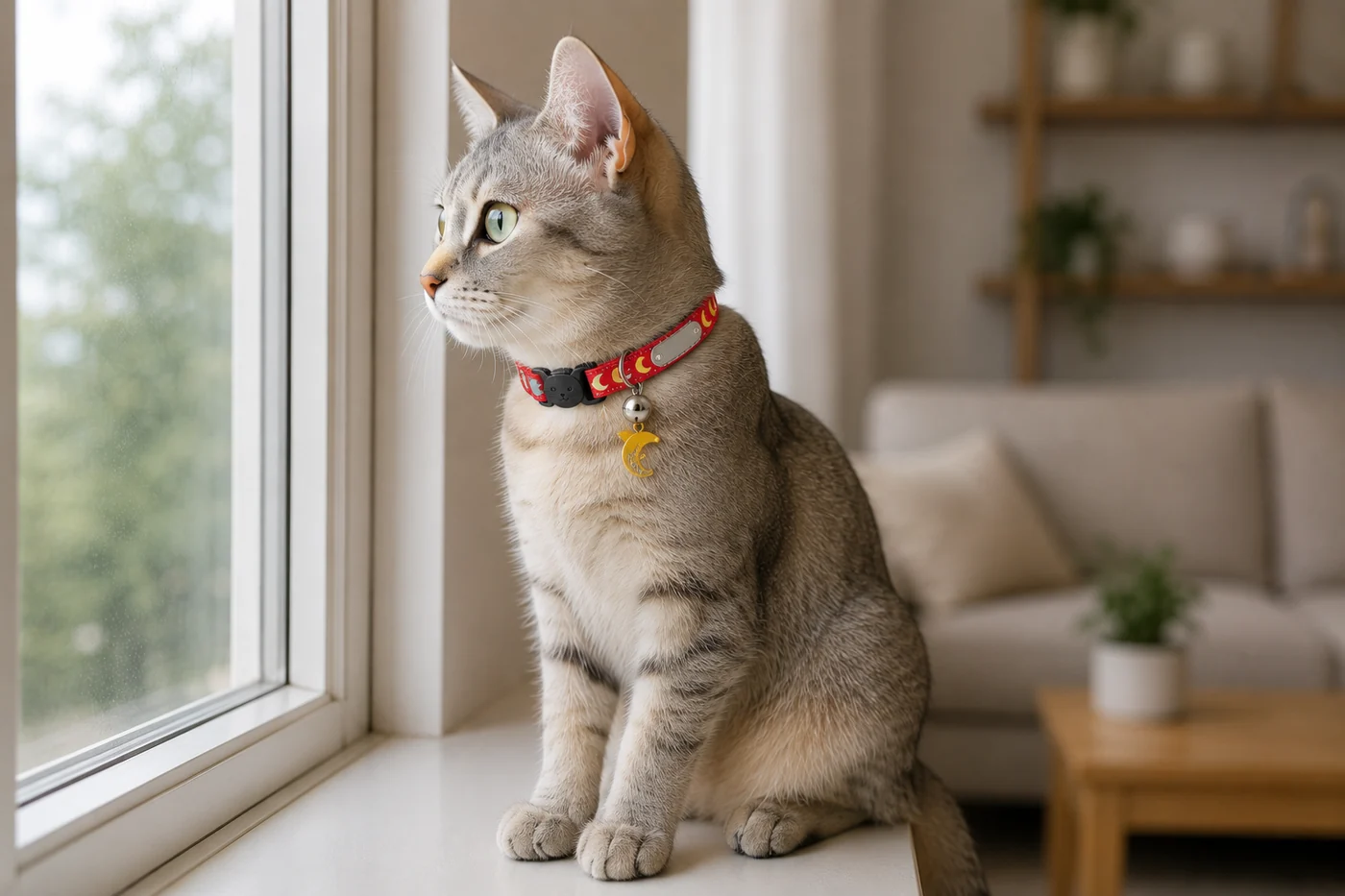 chat assis sur un rebord de fenêtre, vu de profil, la plaque plate posée à plat contre la sangle du collier