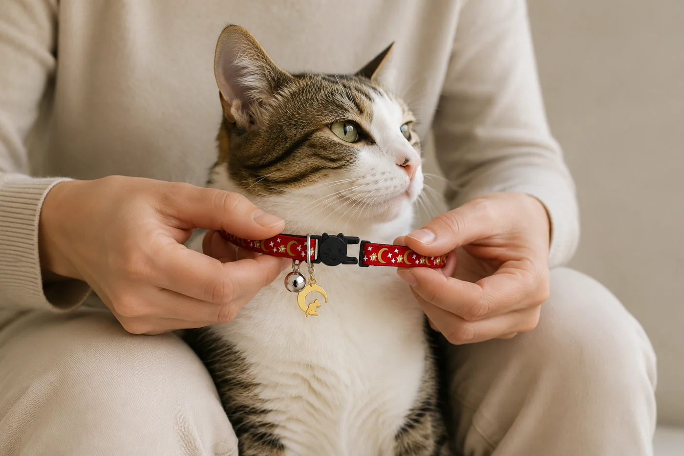 deux mains présentent le collier ouvert devant un jeune chat calme installé sur les genoux