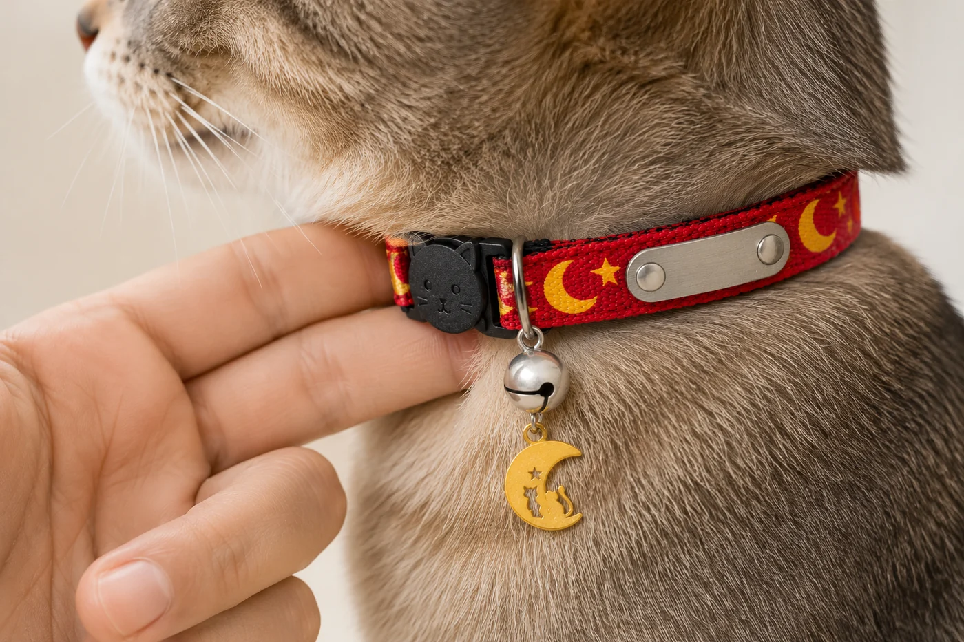 deux doigts glissés à plat entre la sangle du collier et le cou du chat pour vérifier l’aisance