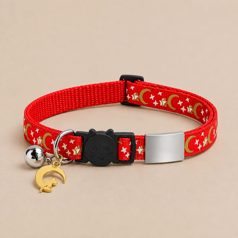 collier chat rouge, plaque grise