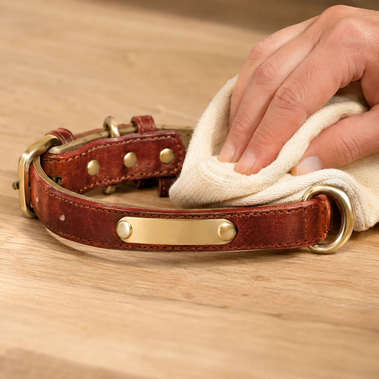 une main essuie le collier avec un chiffon crème sec, sur un établi en chêne clair