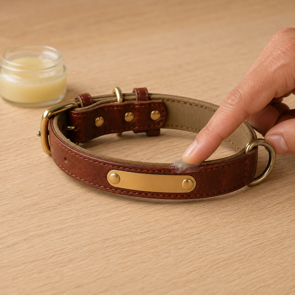 un doigt applique un peu de lait pour cuir sur la sangle, le pot ouvert à côté