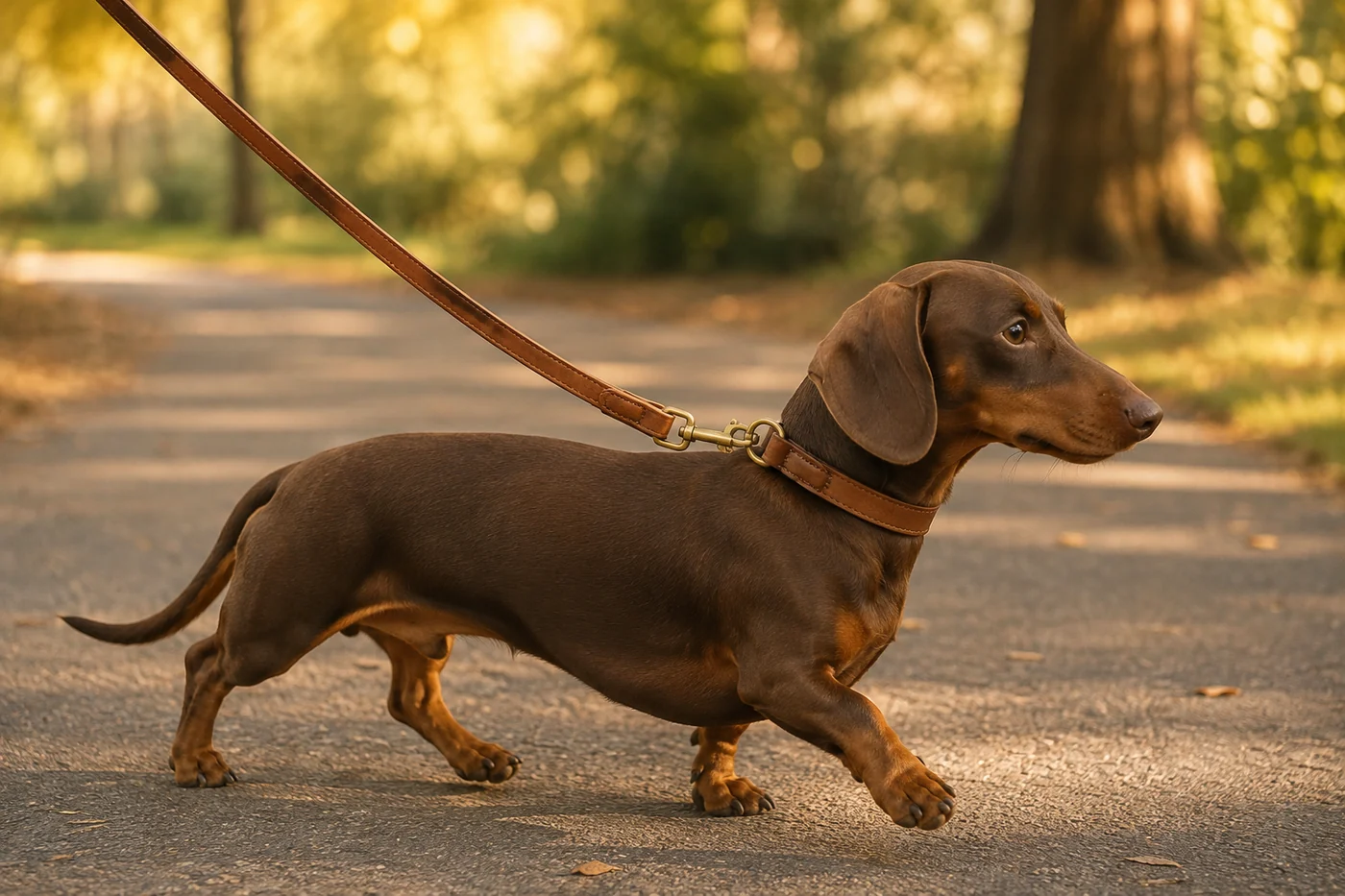 un teckel marche en laisse sur un trottoir, la sangle détendue entre la main et le collier