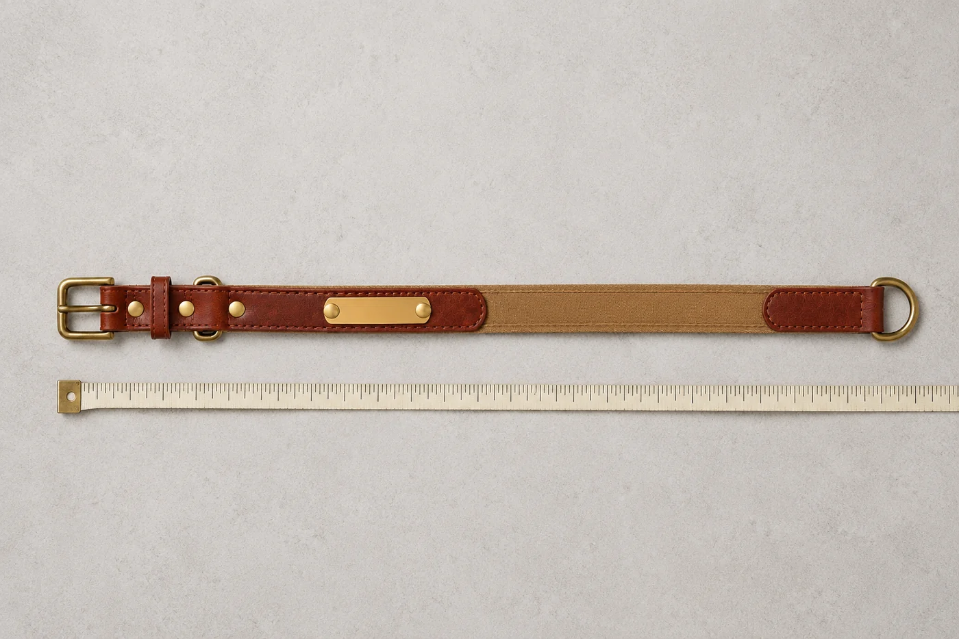 collier en cuir posé à plat et entièrement déployé, un mètre ruban tendu sur toute sa longueur juste en dessous
