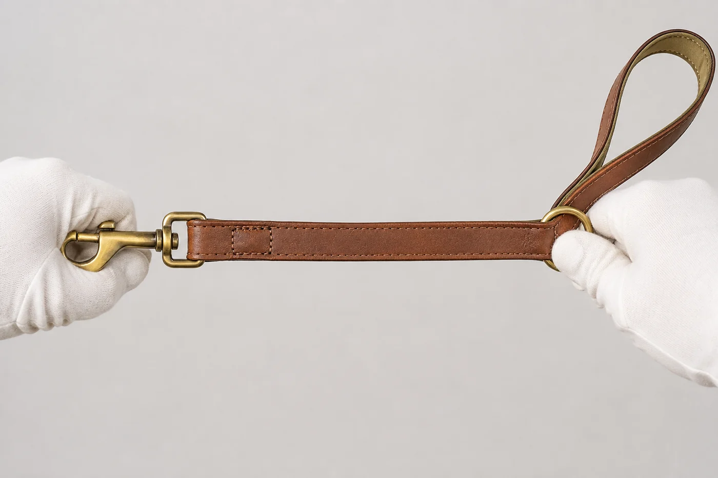 une laisse en cuir tendue entre deux mains gantées, mousqueton laiton d’un côté, poignée de l’autre