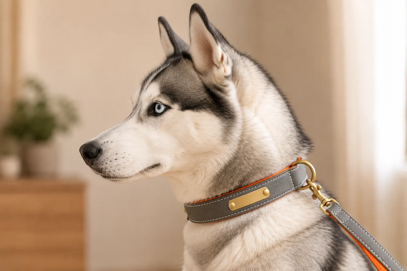 un husky de profil portant le collier gris à doublure orange, la laisse assortie clipsée à l'anneau