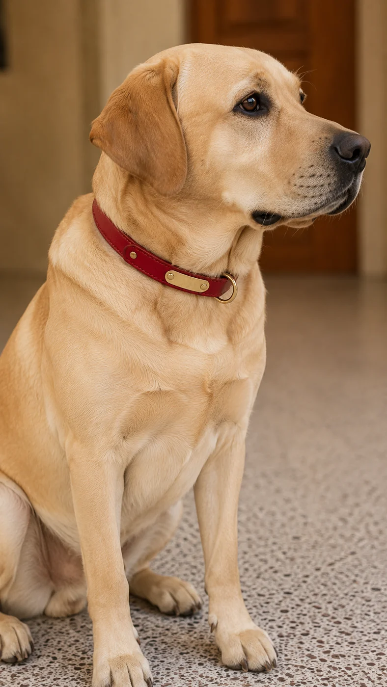 un labrador assis de profil, portant le collier en cuir rouge, tour de cou 35 à 46 cm
