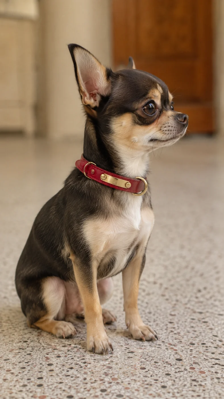 un chihuahua assis de profil, portant le collier en cuir rouge, tour de cou 18 à 27 cm
